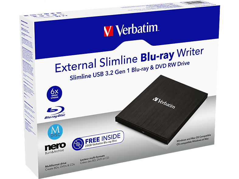 VERBATIM External Slimline Blu-ray Brenner, USB 3.0, Extern, Schwarz (43890) — Foto 2 von 5