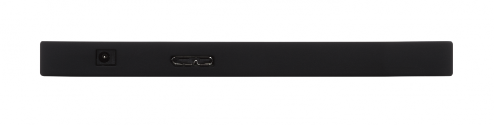 Schwarze externe Festplatte mit USB-Anschlüssen und Stromeingang.