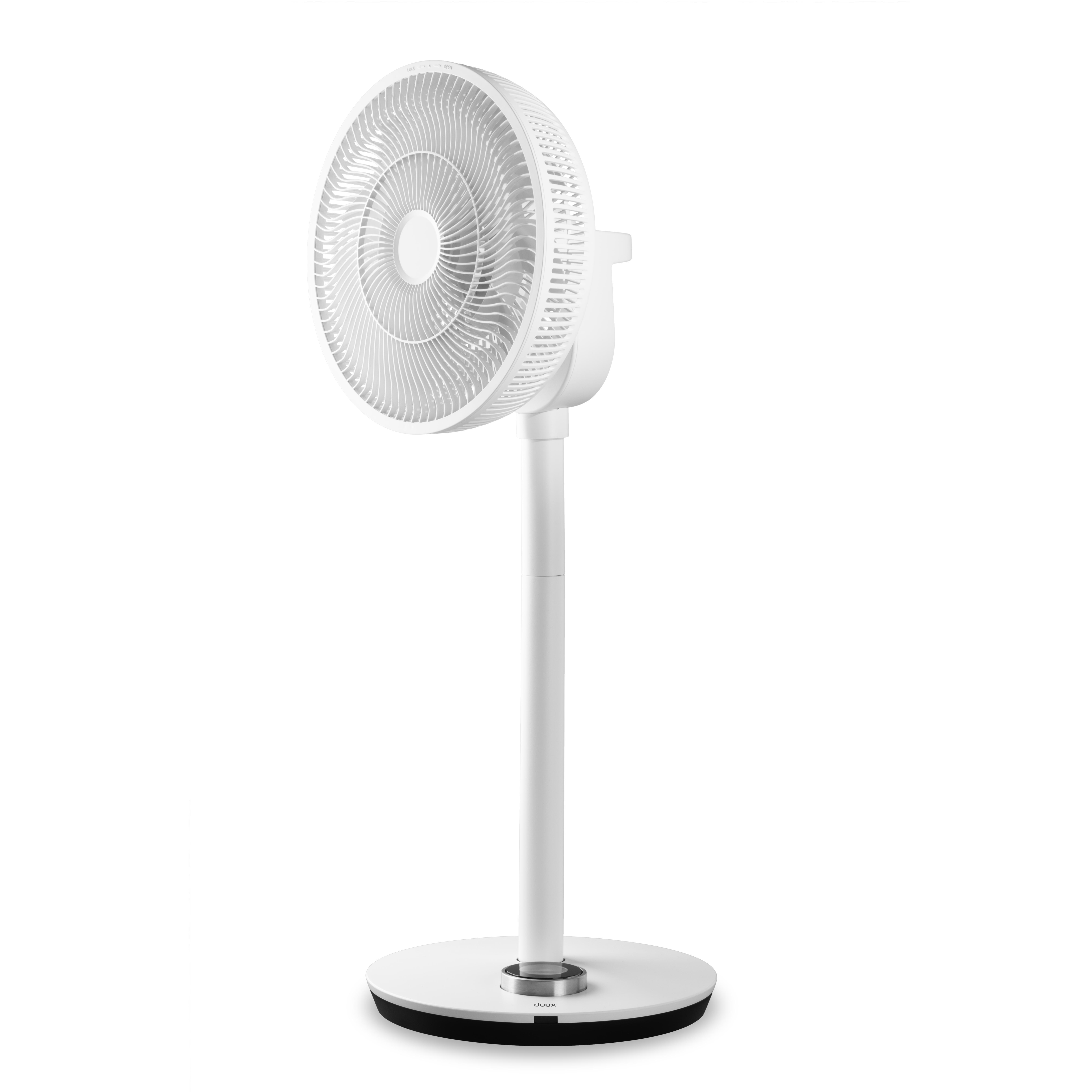 Weißer Standventilator mit rundem Sockel und verstellbarem Kopf.