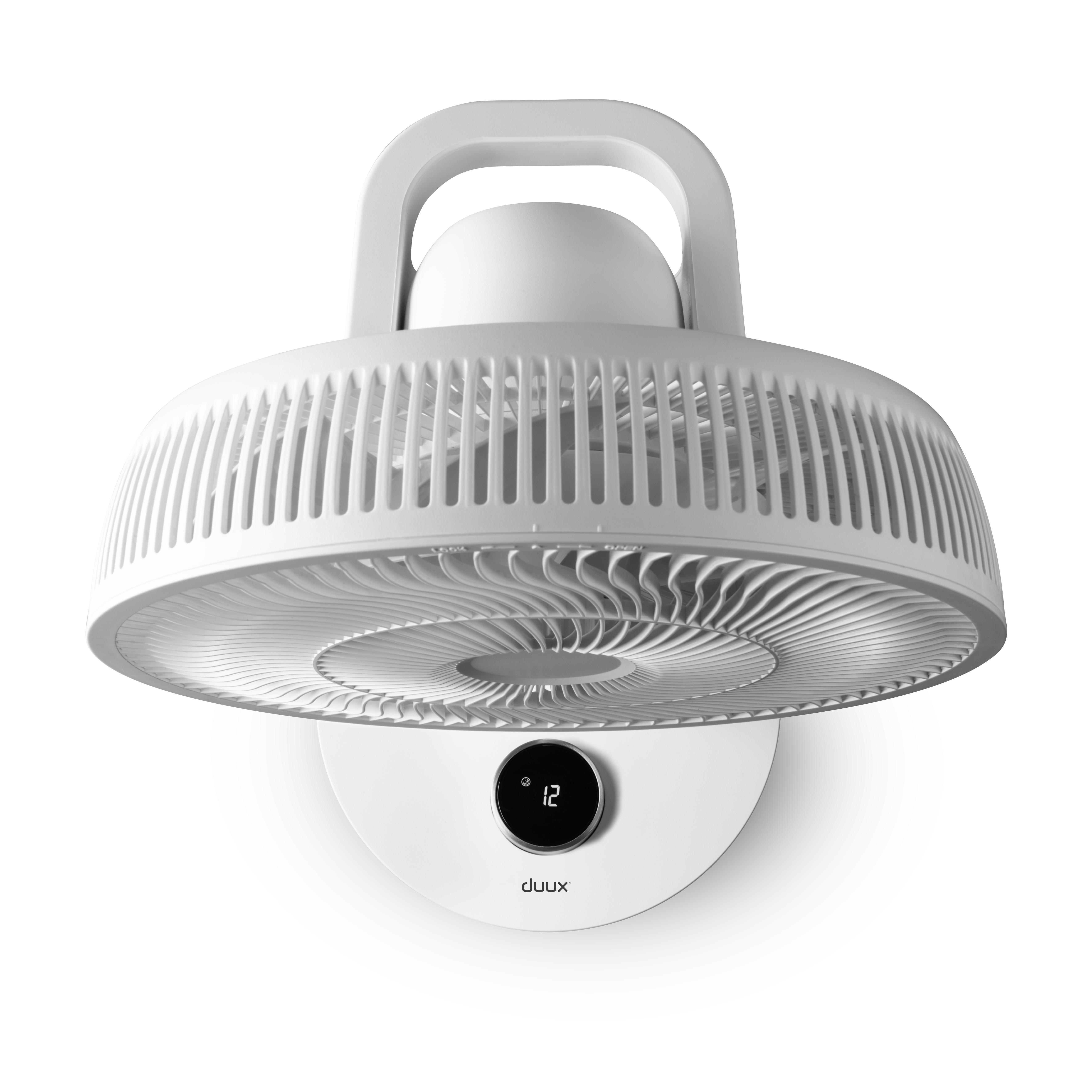Weißer, runder Ventilator mit Griff. Unten befindet sich eine schwarze Digitalanzeige.