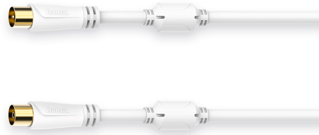 Deux câbles coaxiaux blancs avec connecteurs dorés et étiquette blanche avec 'hama'.