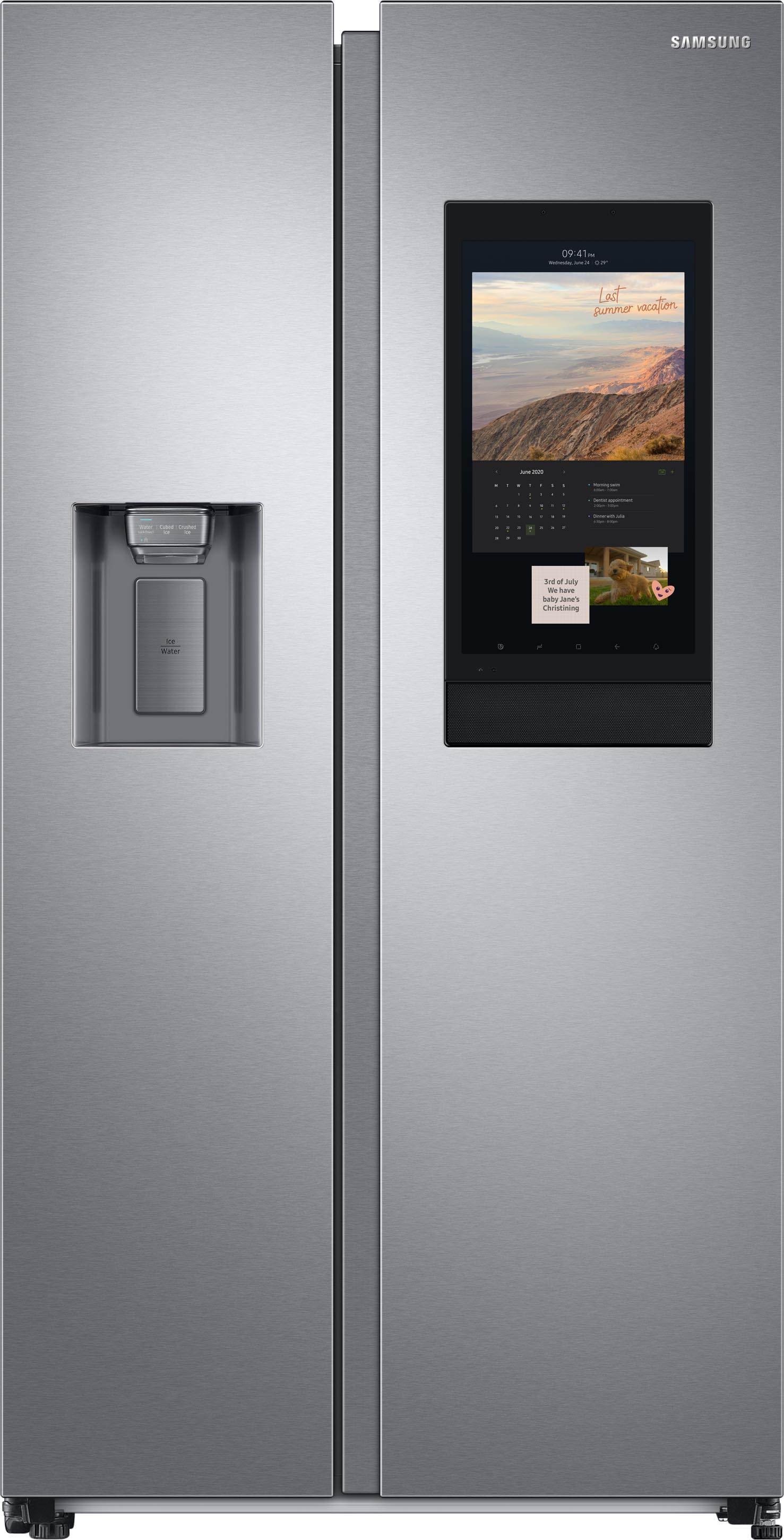 Ein Kühlschrank aus Edelstahl mit Digitalanzeige an einer Tür. Es gibt einen Wasserspender.