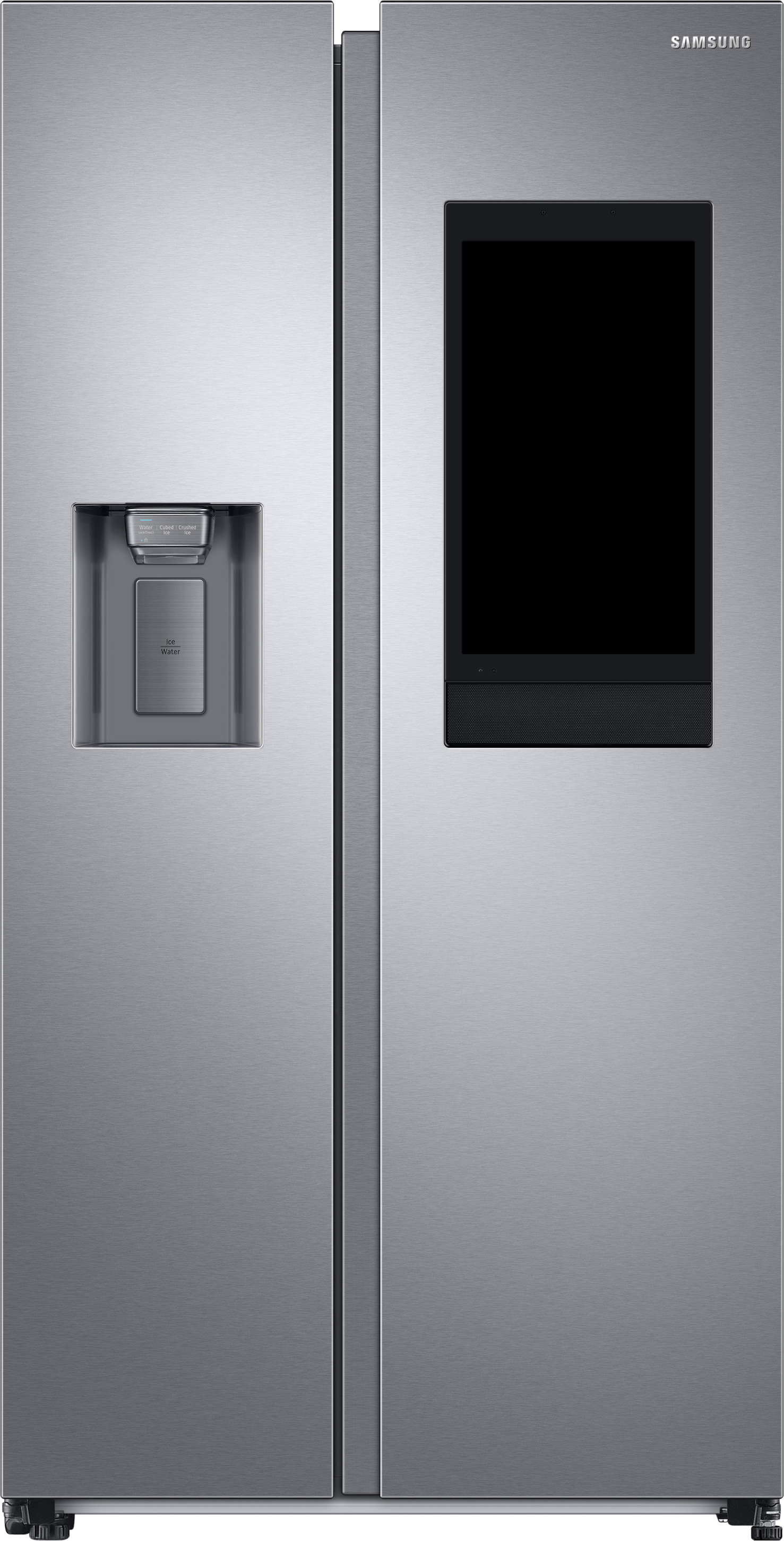 Ein Edelstahl-Side-by-Side-Kühlschrank mit Wasserspender und schwarzem Bildschirm an der rechten Tür.