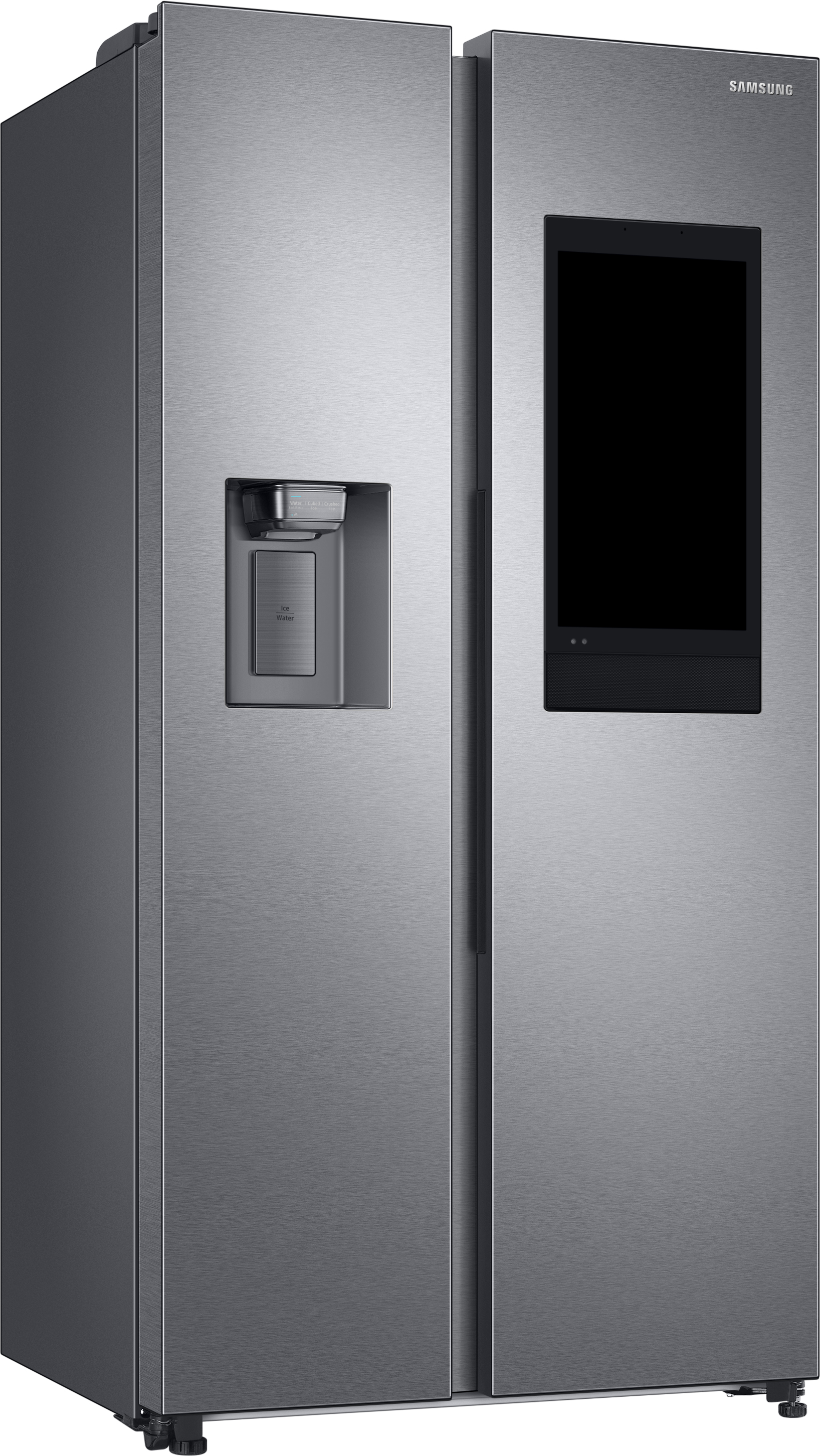 Side-by-Side-Edelstahl-Samsung-Kühlschrank mit Touchscreen und Wasserspender.