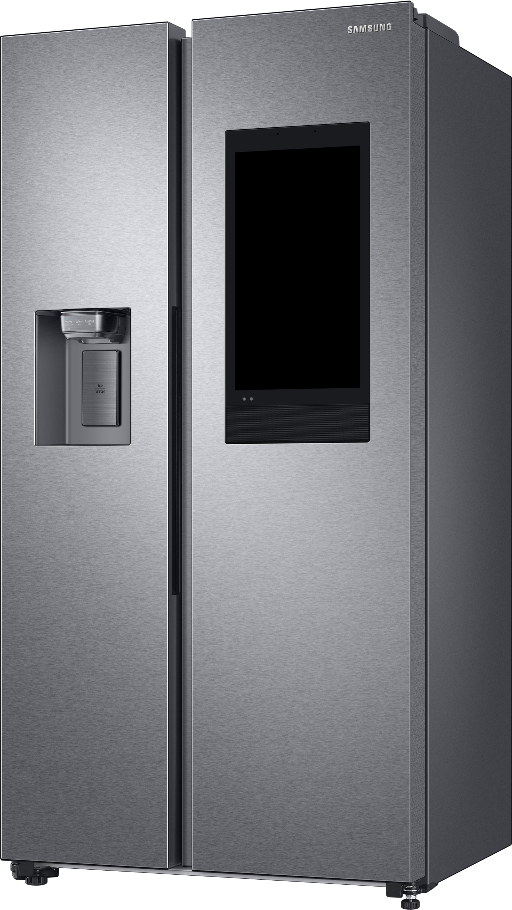 Side-by-Side-Kühlschrank aus Edelstahl. Spender und Bildschirm an der Tür. Modernes Design.