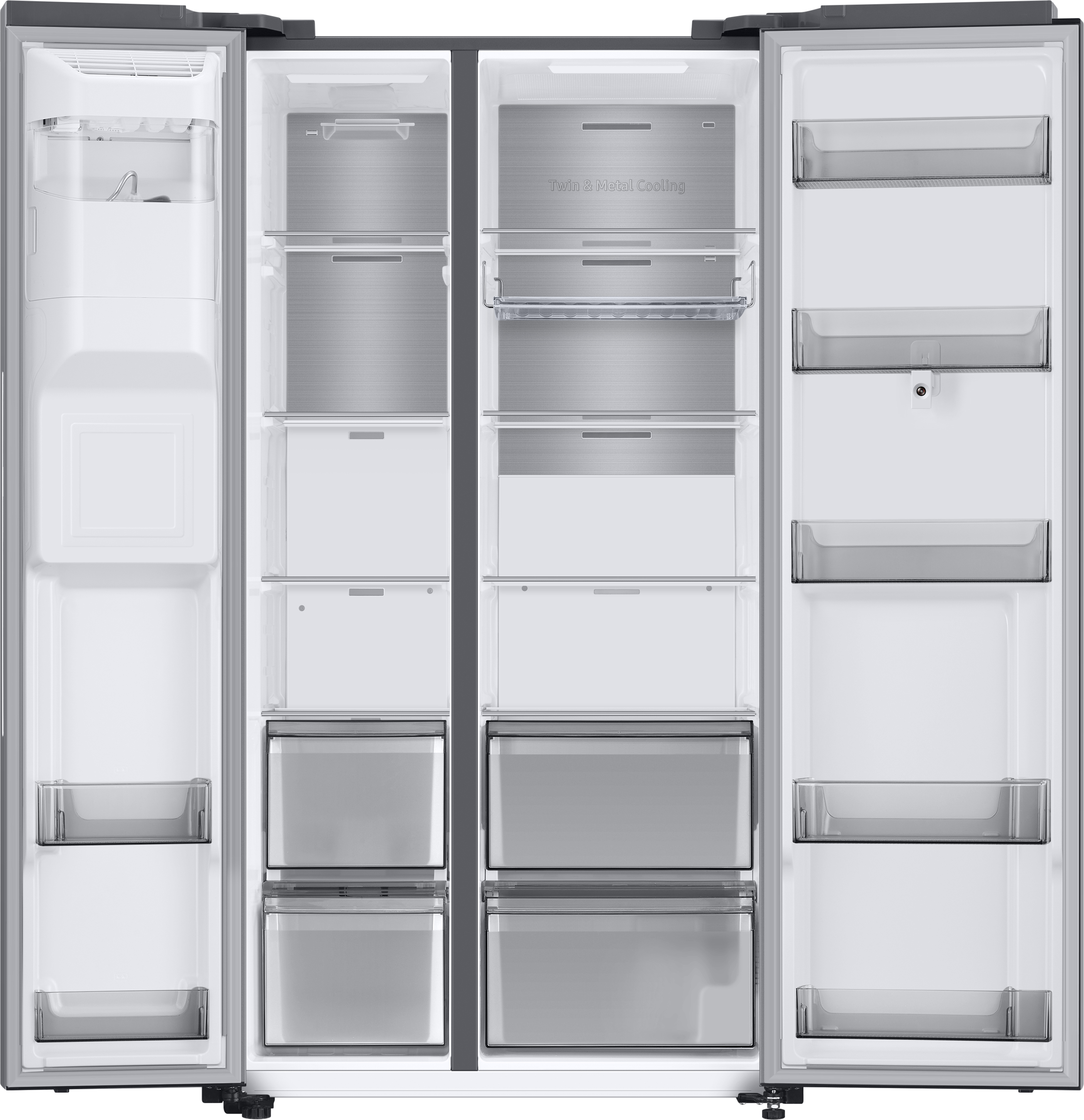 Offener Kühlschrank mit Regalen und Schubladen, gefüllt mit Lebensmitteln.