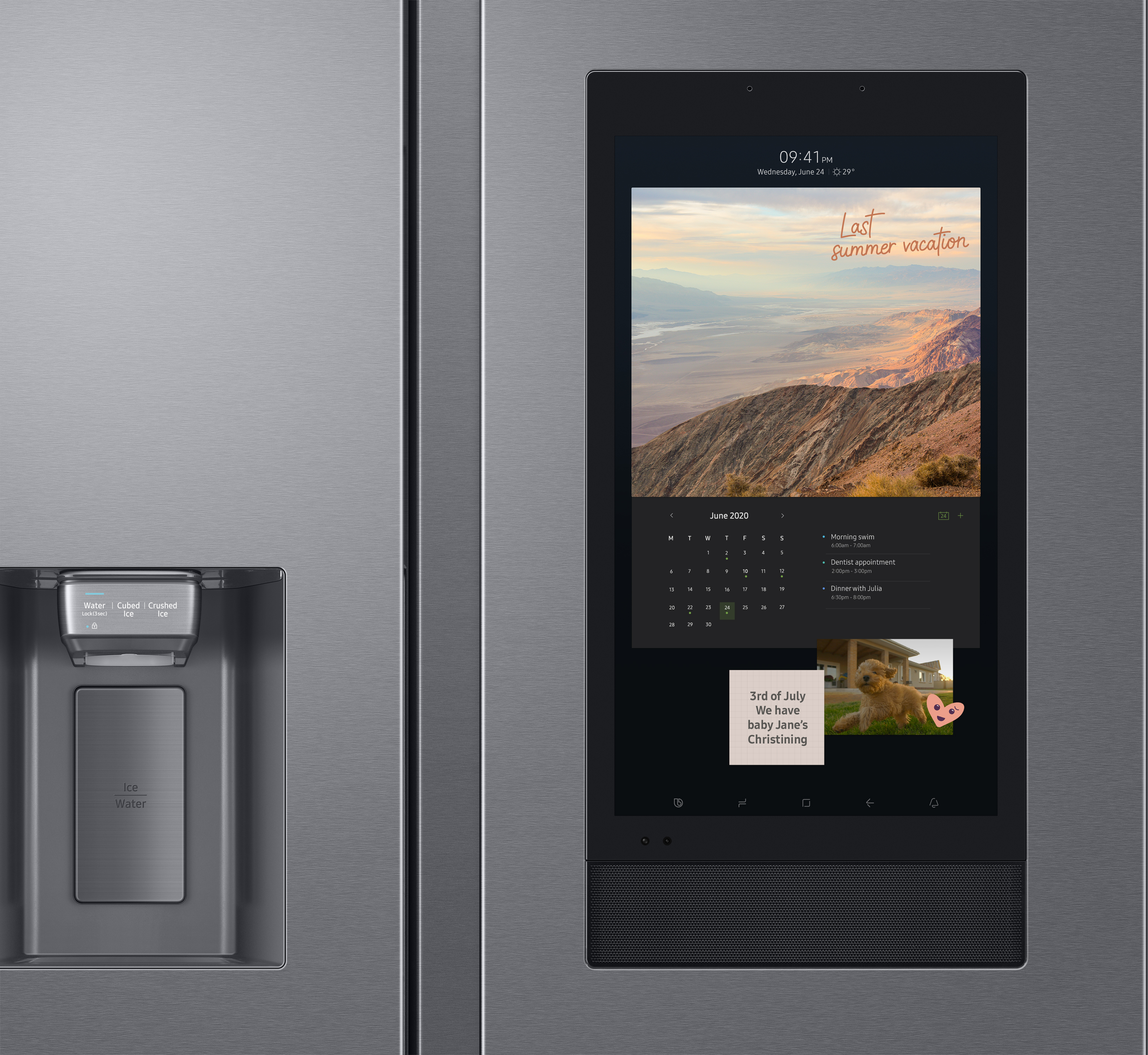 Ein Edelstahlkühlschrank mit Digitalanzeige, die einen Kalender und ein Bild zeigt.