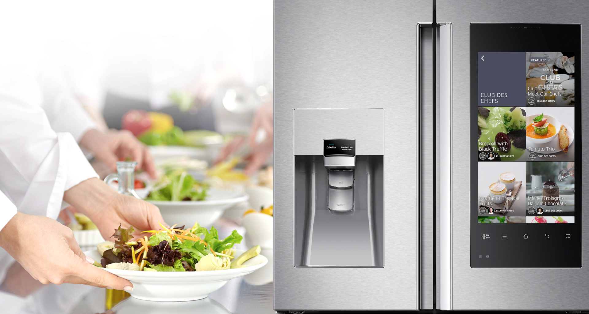 Köche bereiten Essen neben einem Smart-Kühlschrank mit Bildschirm zu.
