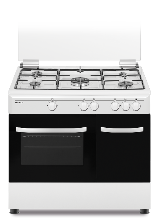 Cocina - Infiniton CC9060ELP, 3500W, 90 cm ancho, 5 zonas + Horno, Hierro fundido, Gas natural, 60 L, Blanco