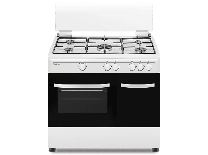 Cocina a gas - Infiniton CC9060ELP, 3500W, 90 cm ancho, 5 zonas + Horno, Hierro fundido, Gas natural, 60 L, Blanco