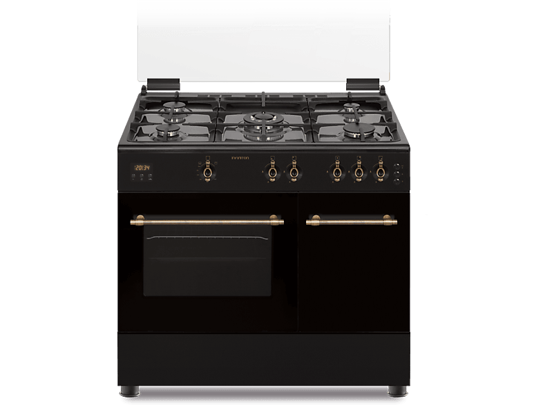 Cocina - Infiniton CCRST90EPH, 3100W, 90 cm, 5 zonas, Hierro fundido + Horno, Gas natural, 59 L, Grill, Negro