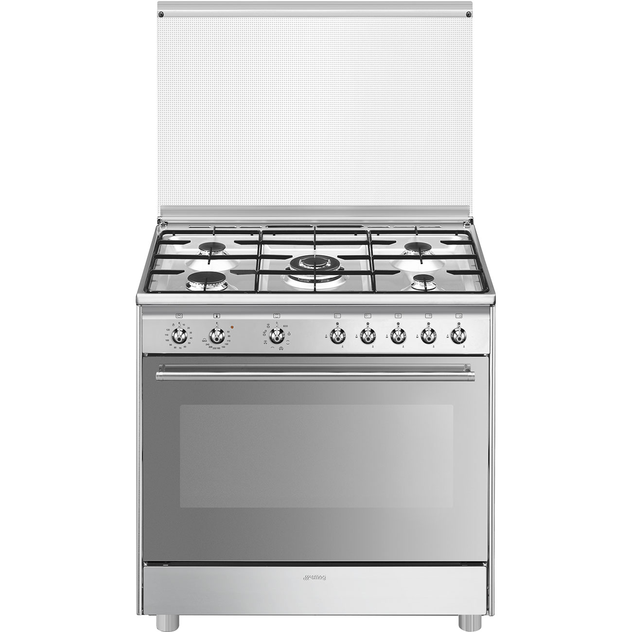 Cocina - Smeg SX91MDS9, 3100W, 90 cm ancho, 5 zonas, Esmaltado + Horno, Gas natural, 115 L, Grill, Inox