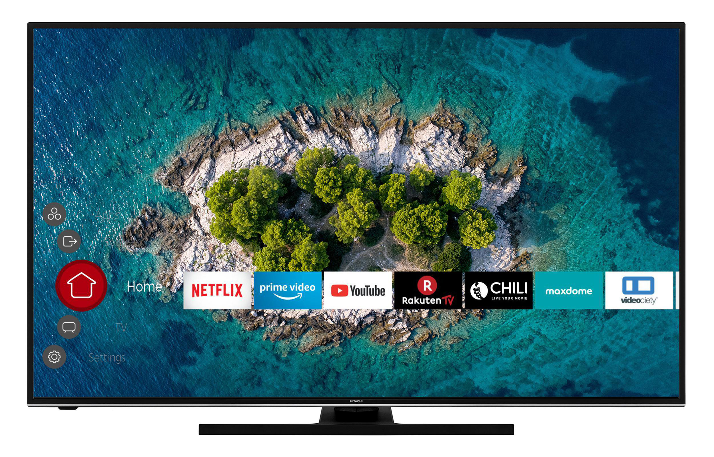 Flachbildfernseher mit einer tropischen Szene mit blauem Ozean und grüner Insel.