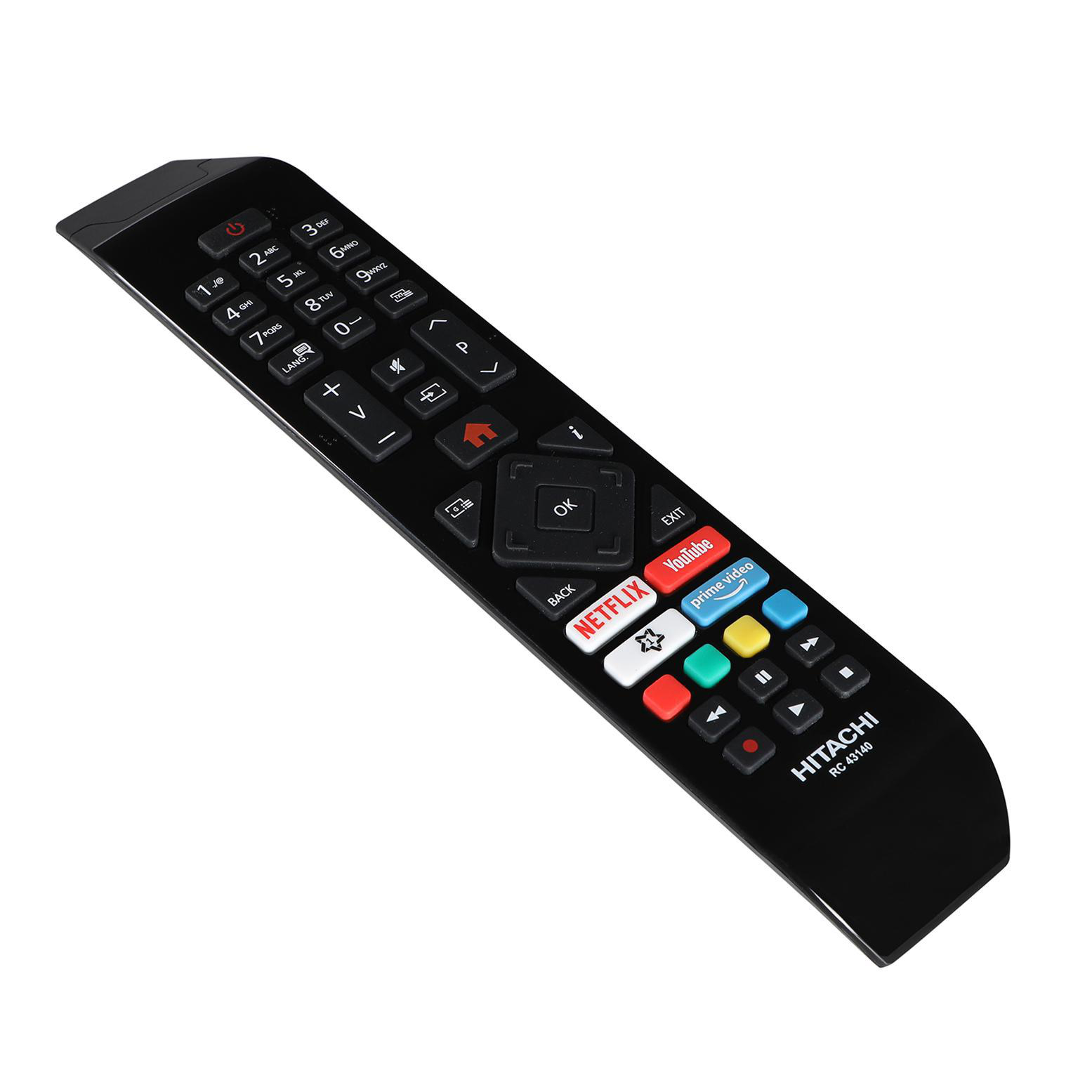 Eine schwarze Hitachi TV-Fernbedienung mit verschiedenen Tasten.