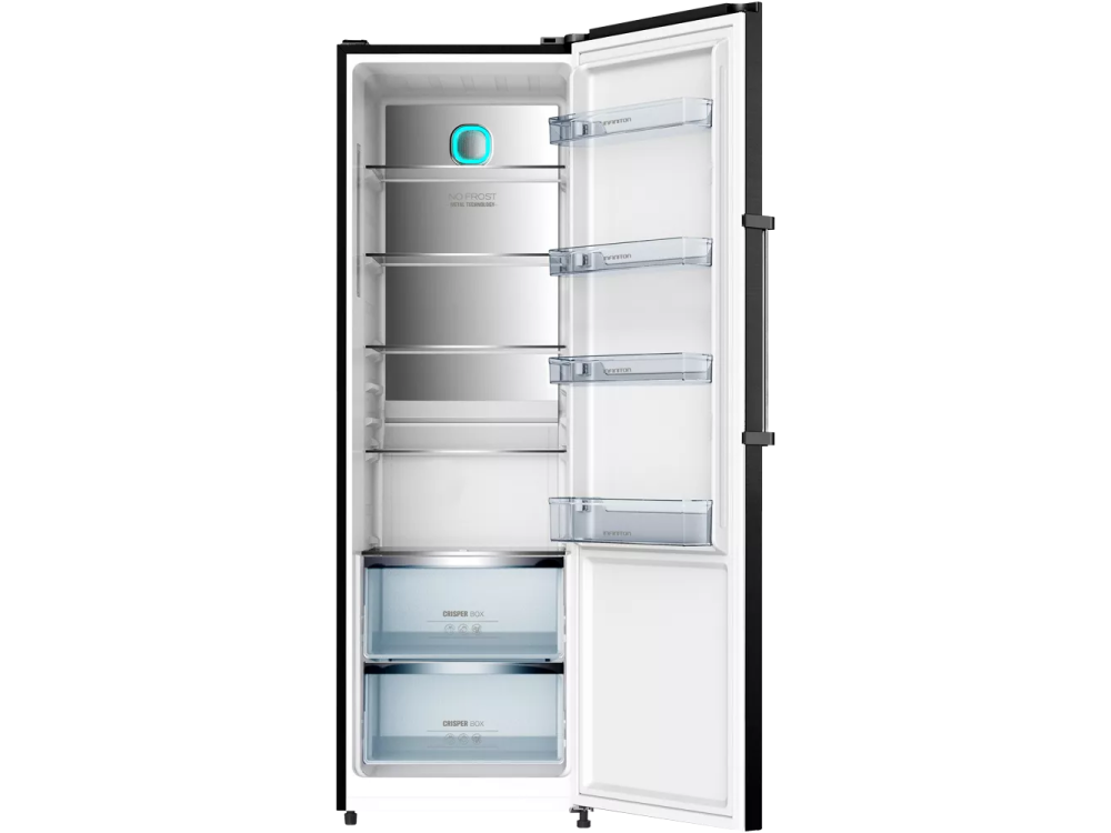 Interior del refrigerador abierto. Muestra estantes, cajones y una luz azul.