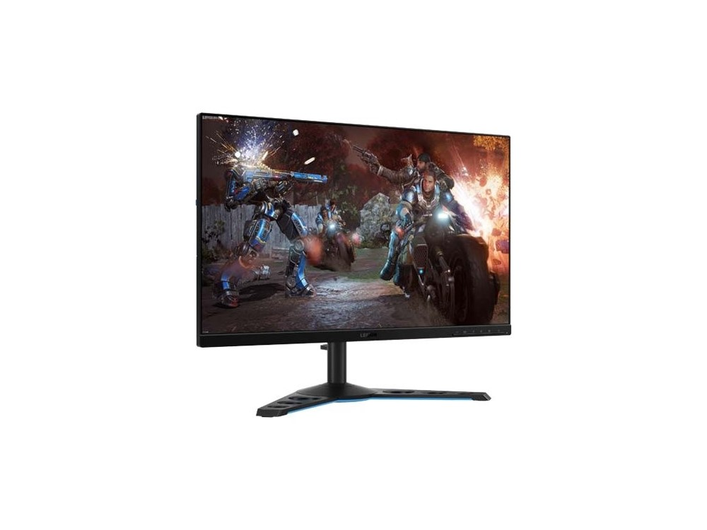 Monitor gaming mostrando escena de juego, soportado por soporte negro sobre superficie blanca.