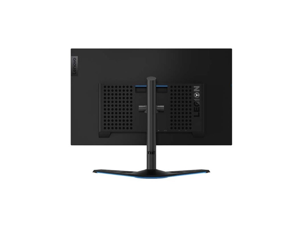 Monitor de computadora negro de Lenovo, con soporte y la palabra LEGION en la parte trasera.