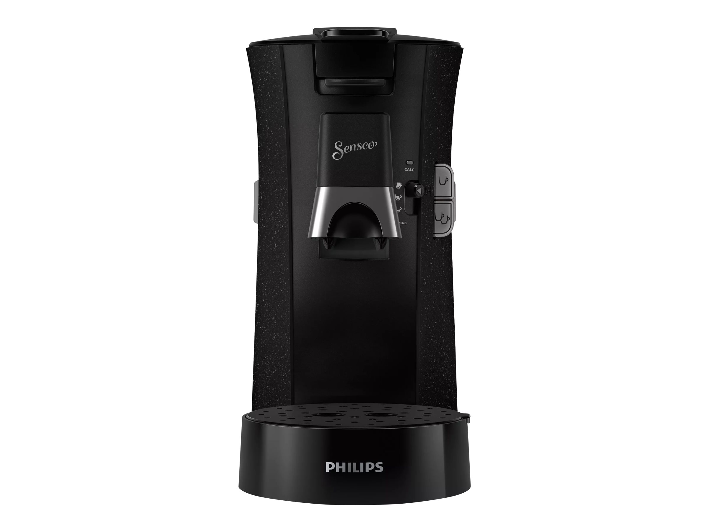 Schwarze Kaffeemaschine, mit silbernem Ausguss und Knöpfen, vor weißem Hintergrund.