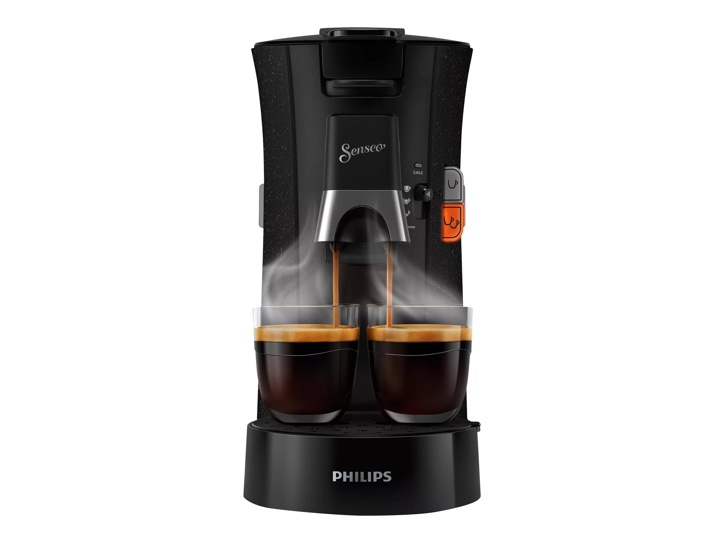 Schwarze Kaffeemaschine, die Kaffee in zwei Gläser brüht, weißer Hintergrund.