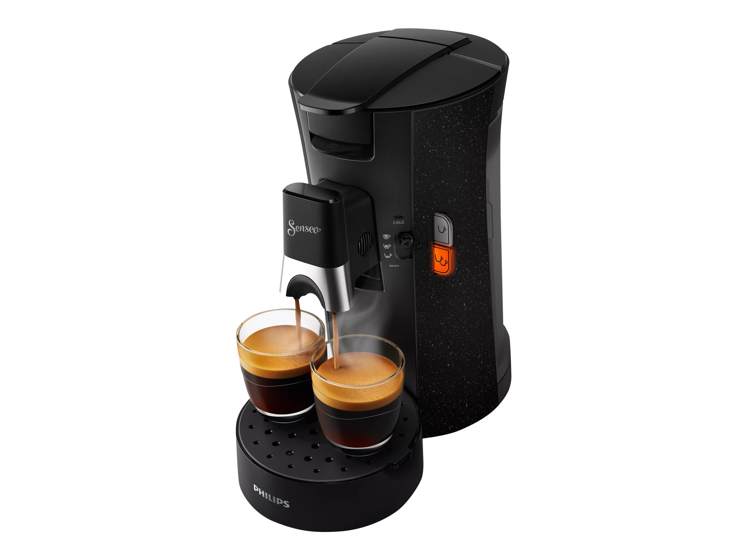 Eine schwarze Senseo-Kaffeemaschine mit zwei Gläsern.