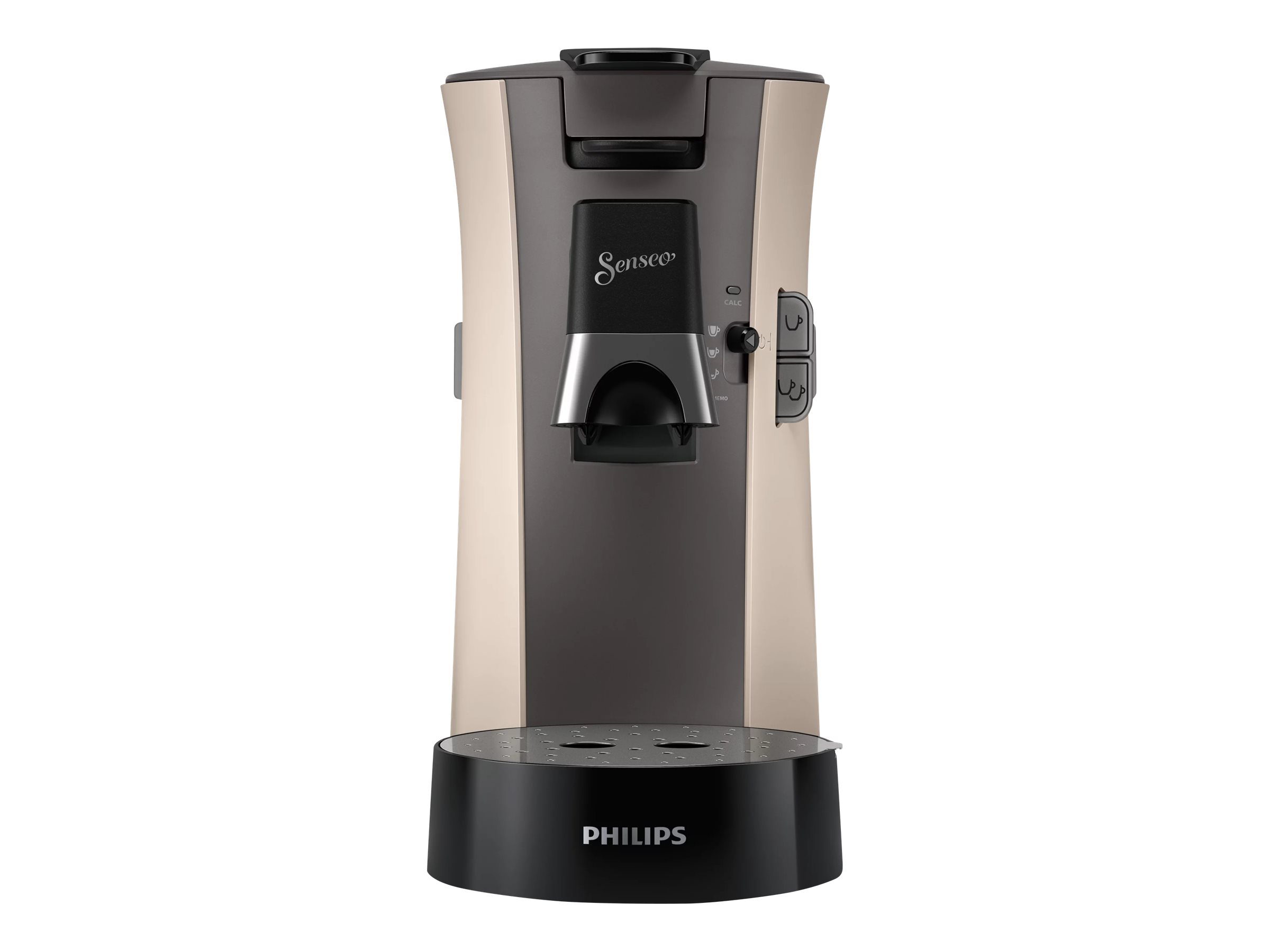 Beige und braune Philips Senseo Kaffeemaschine. Vorderansicht, weißer Hintergrund.