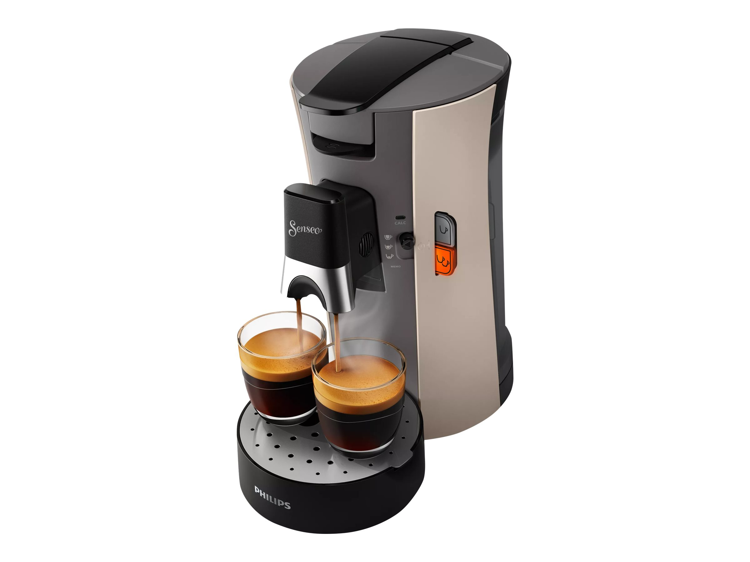 Eine Kaffeemaschine, die Kaffee in zwei Gläser brüht, mit weißem Hintergrund.
