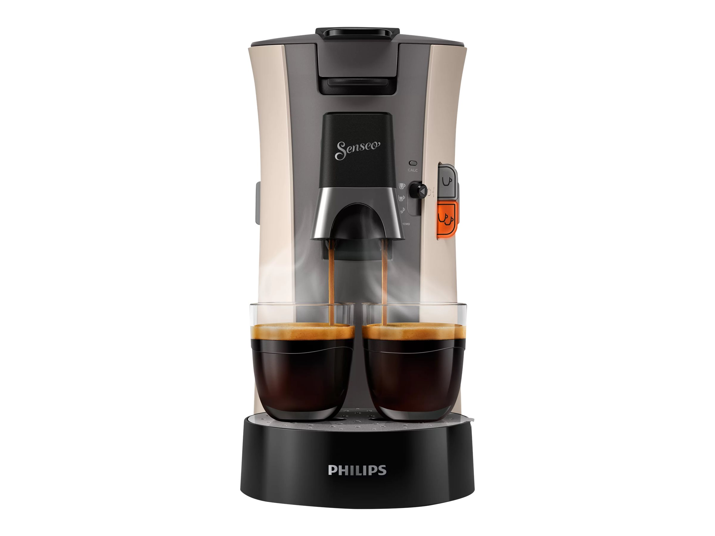 Eine Senseo-Kaffeemaschine, die Kaffee in zwei klare Gläser brüht.