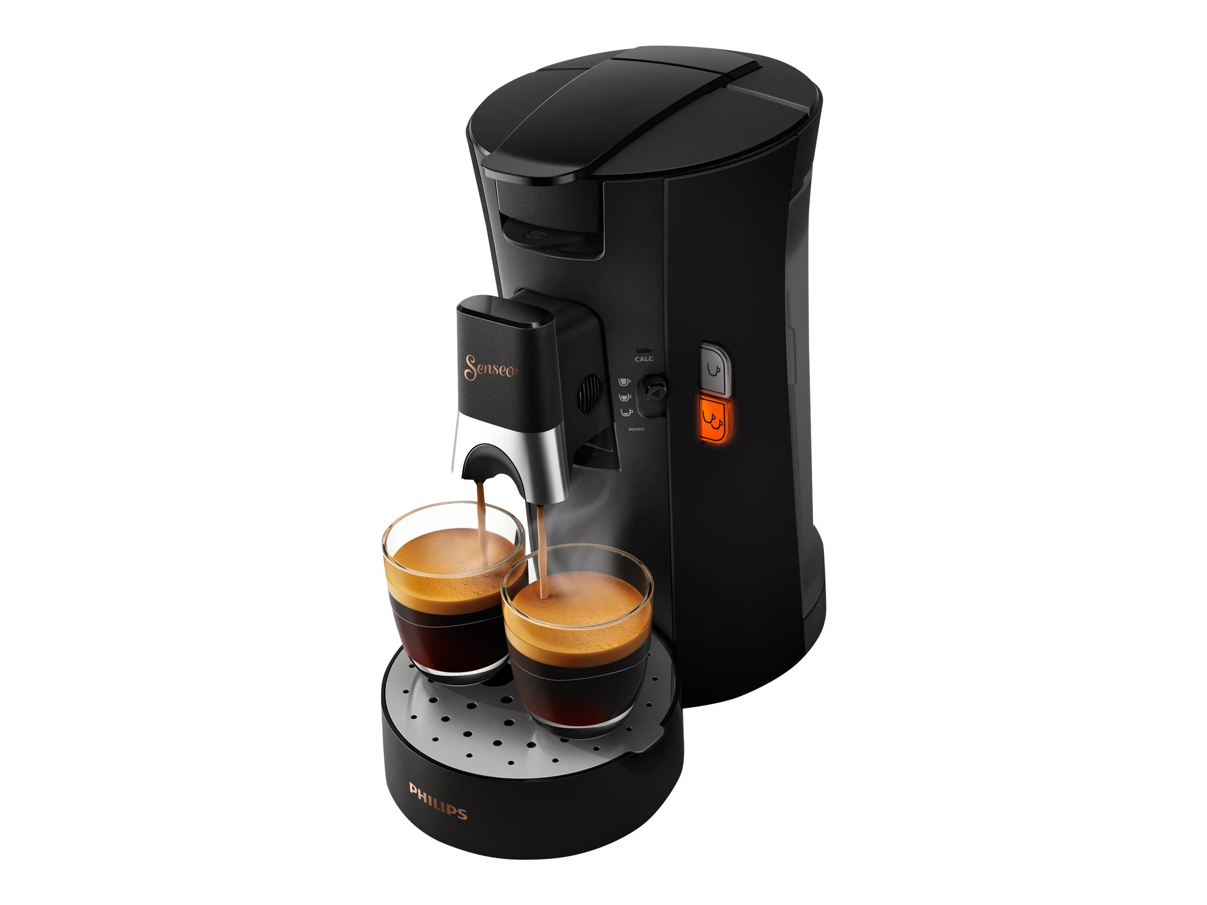 Schwarze Kaffeemaschine mit zwei Kaffeetassen, die gefüllt werden. Dunkler Kaffee und eine metallische Oberfläche.