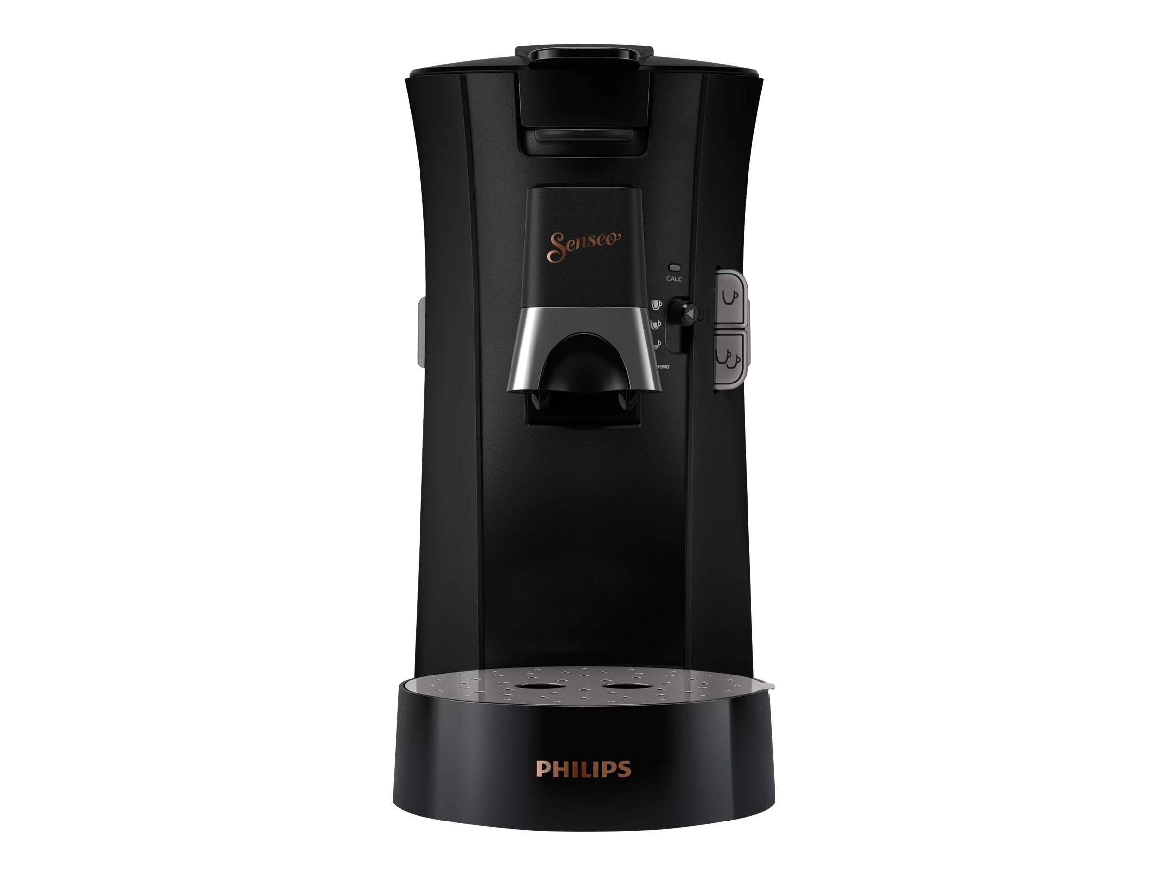 Eine schwarze Kaffeemaschine mit dem Wort "Senseo" und einem silbernen Auslauf.