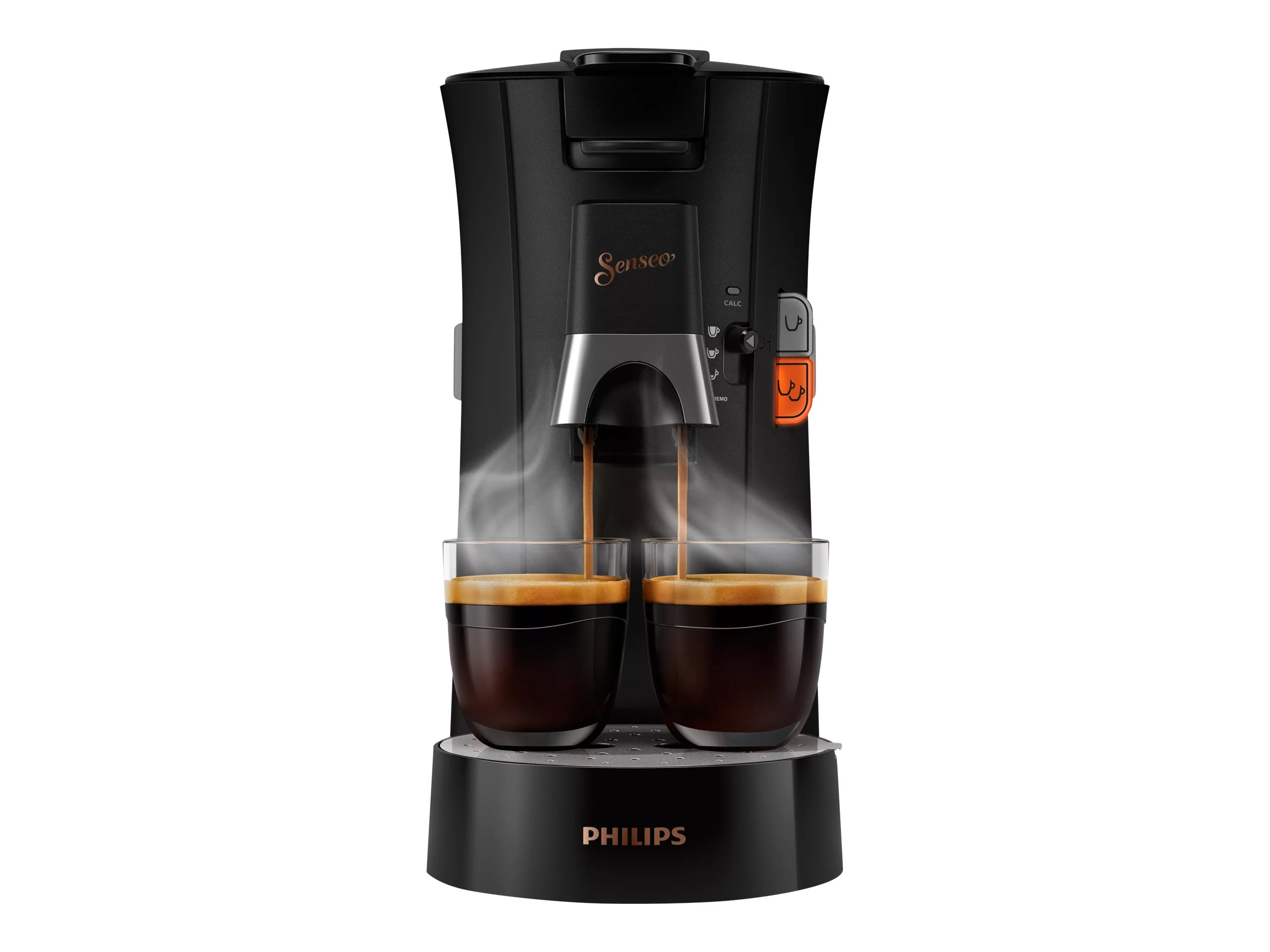 Eine schwarze Kaffeemaschine, die Kaffee in zwei Gläser ausgibt, Dampf steigt auf.