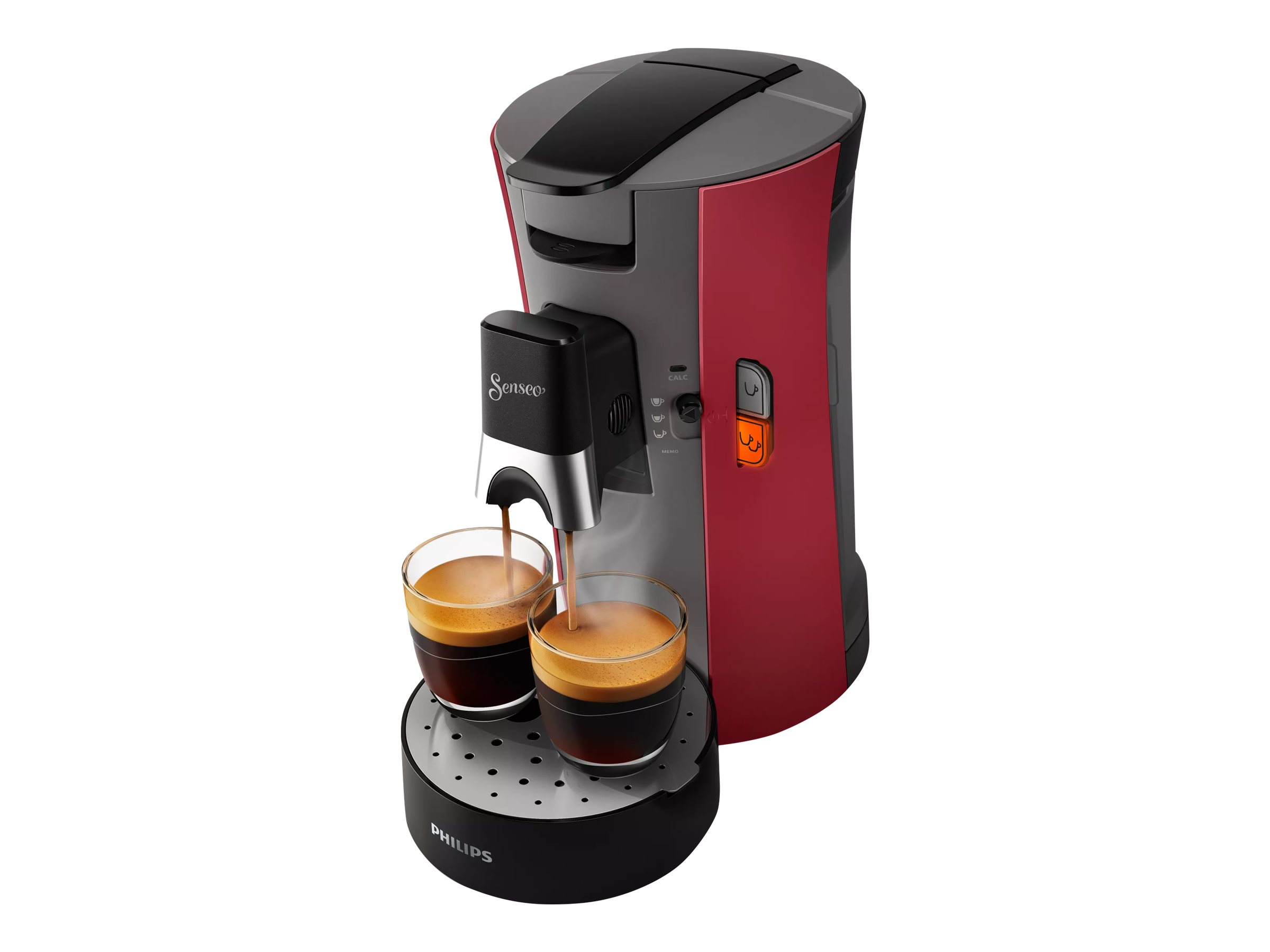 Eine rot-schwarze Senseo-Kaffeemaschine, die zwei Tassen Kaffee zubereitet. Die Tassen stehen auf einem schwarzen Tablett.