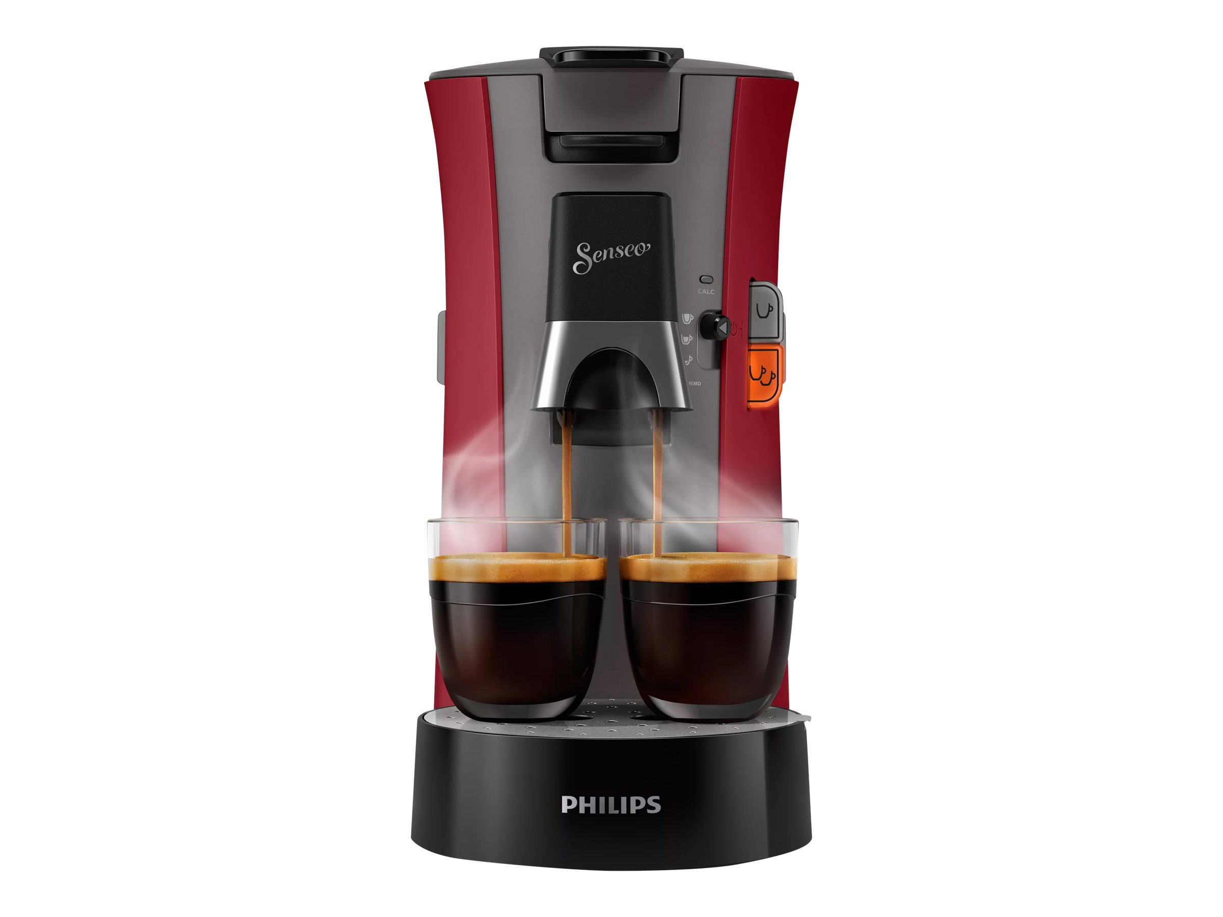 Eine rot-schwarze Philips Senseo Kaffeemaschine. Zwei Tassen Kaffee werden in Glasbecher gebrüht.