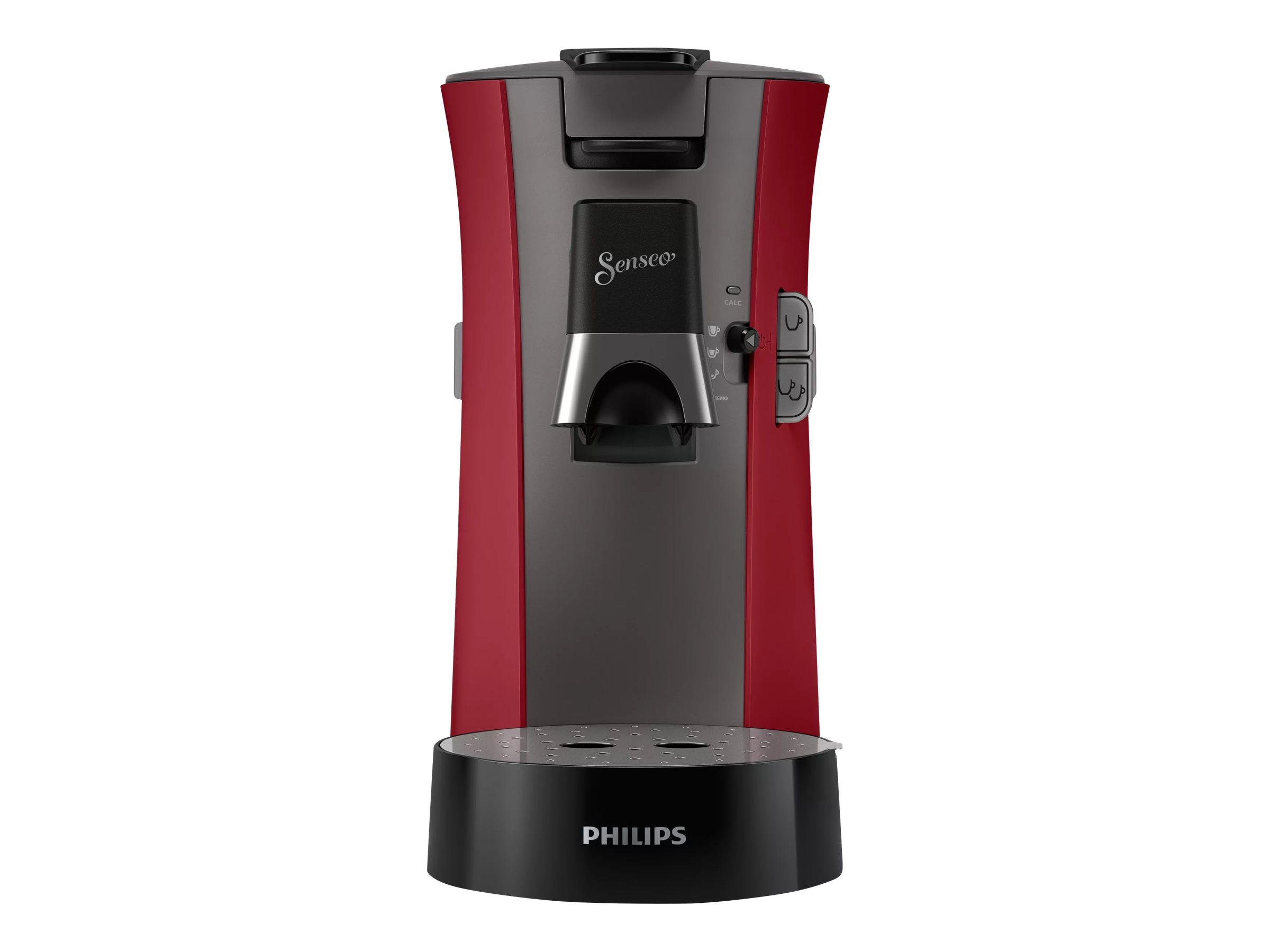 Eine rot-schwarze Kaffeemaschine mit dem Wort "Senseo" und einem silbernen Auslauf.