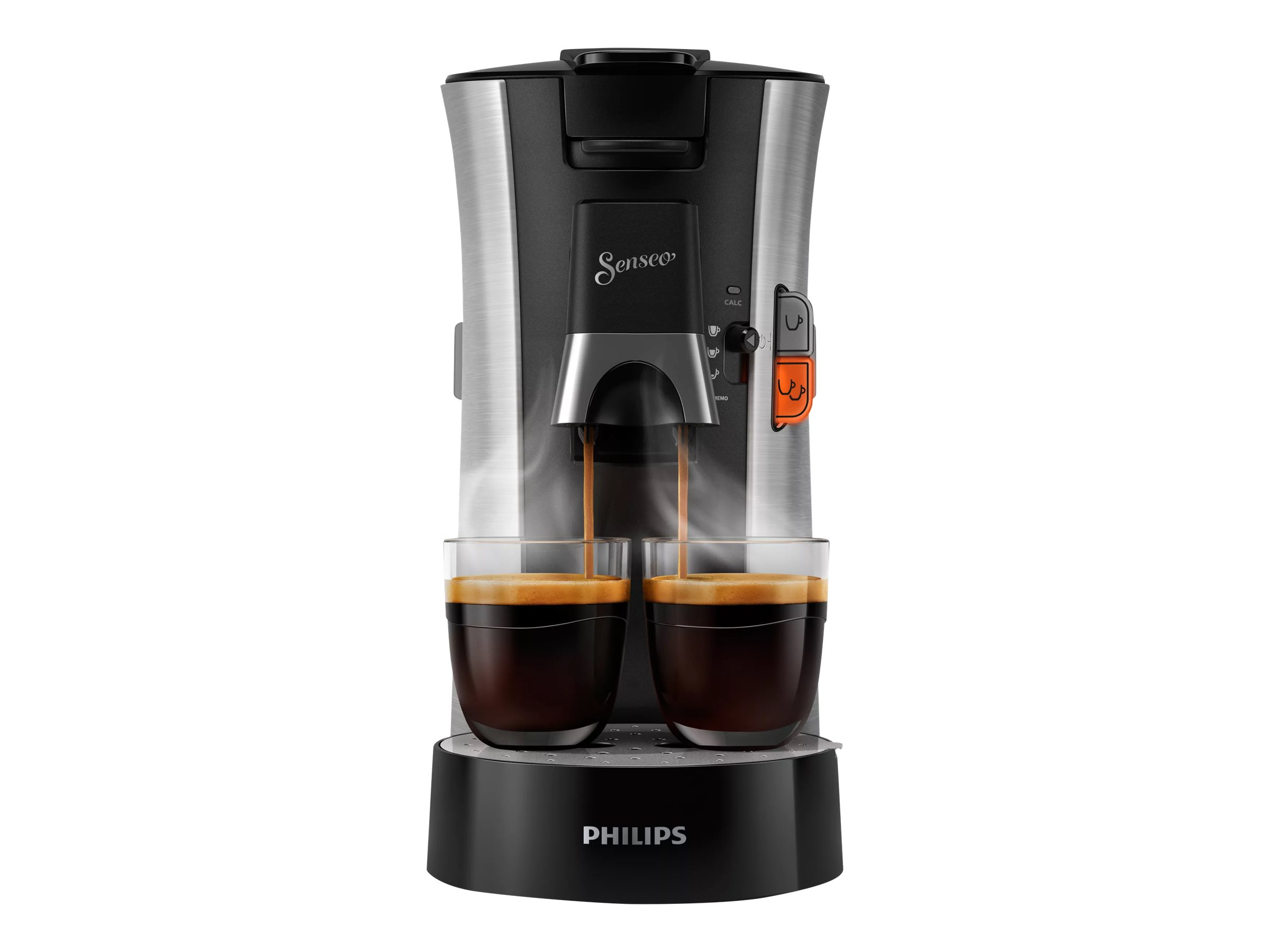 Eine schwarz-silberne Senseo Kaffeemaschine, die Kaffee in zwei Gläser ausgibt.