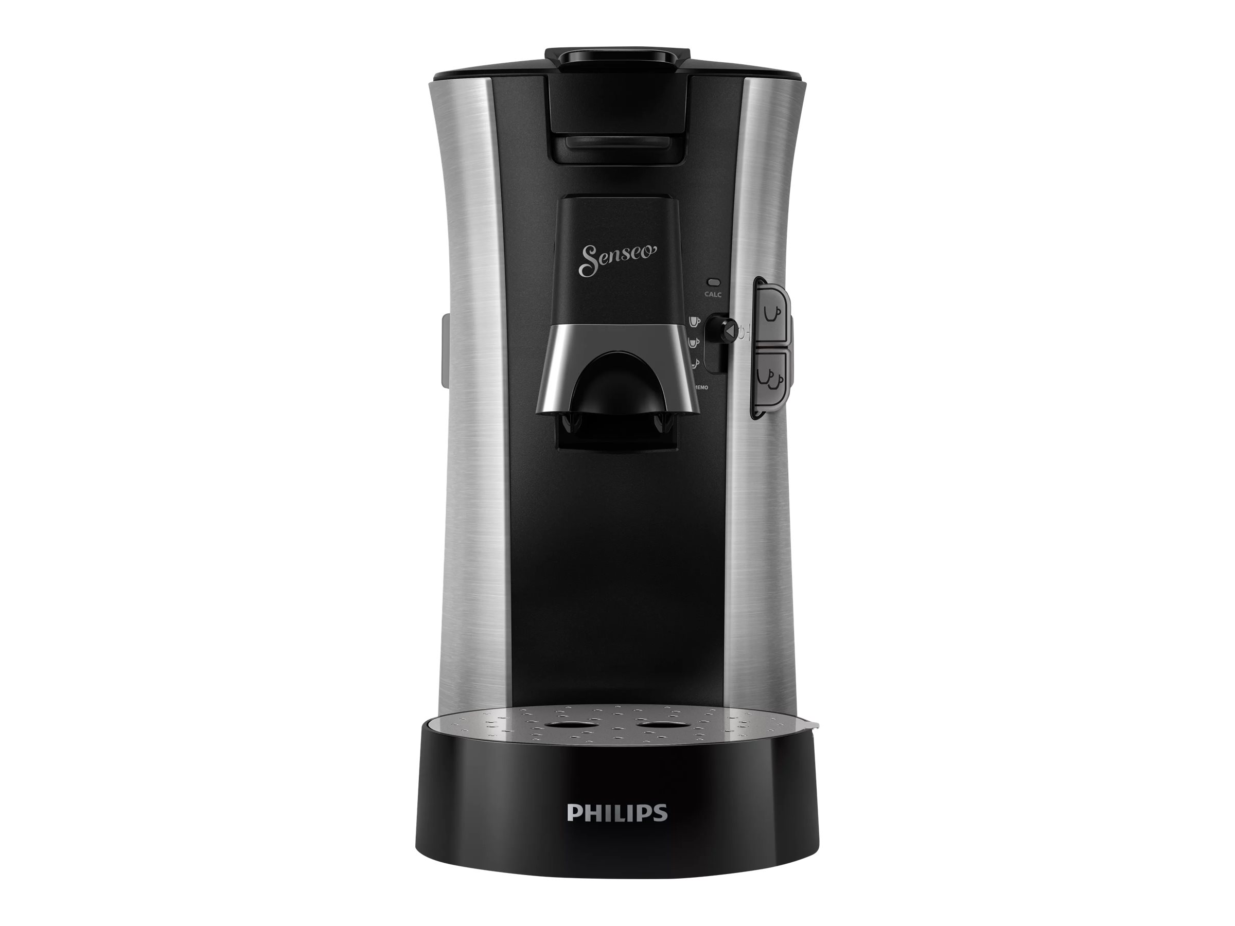 Schwarz-silberne Philips Senseo Kaffeemaschine, aufrecht, auf weißem Hintergrund.