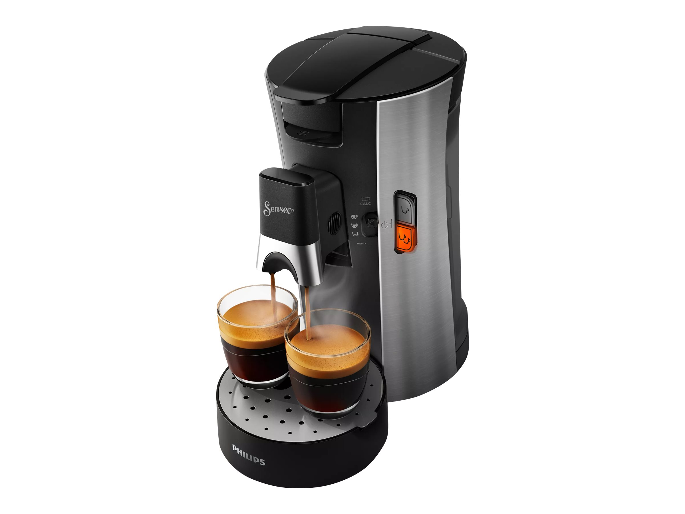 Espressomaschine gießt in zwei Gläser, schwarz-silbernes Design.