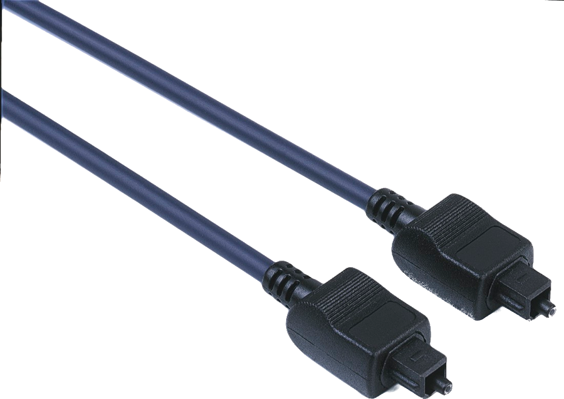 Câble optique bleu avec des connecteurs noirs aux deux extrémités.