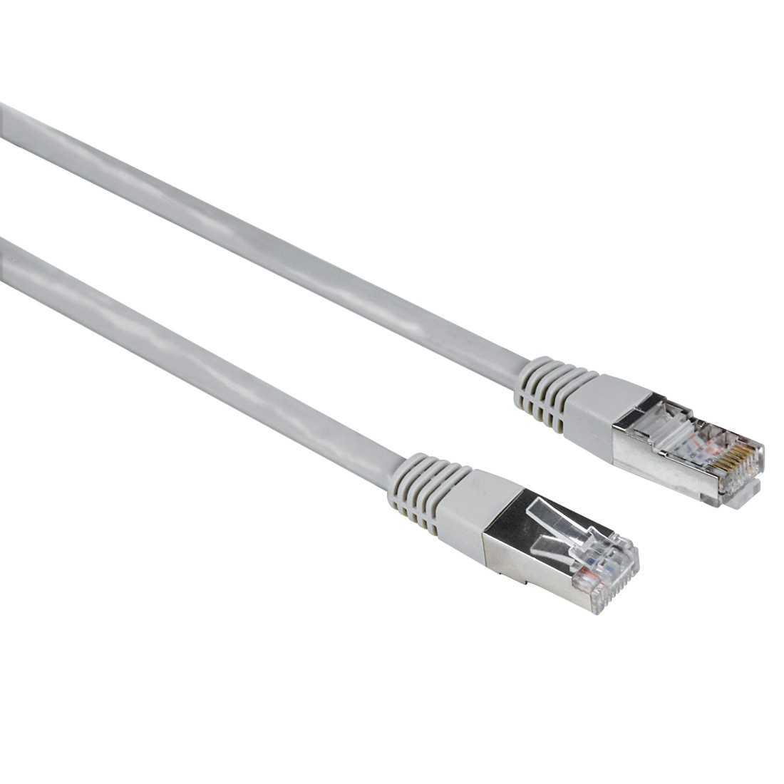 Zwei graue Netzwerkkabel mit silbernen Steckern.