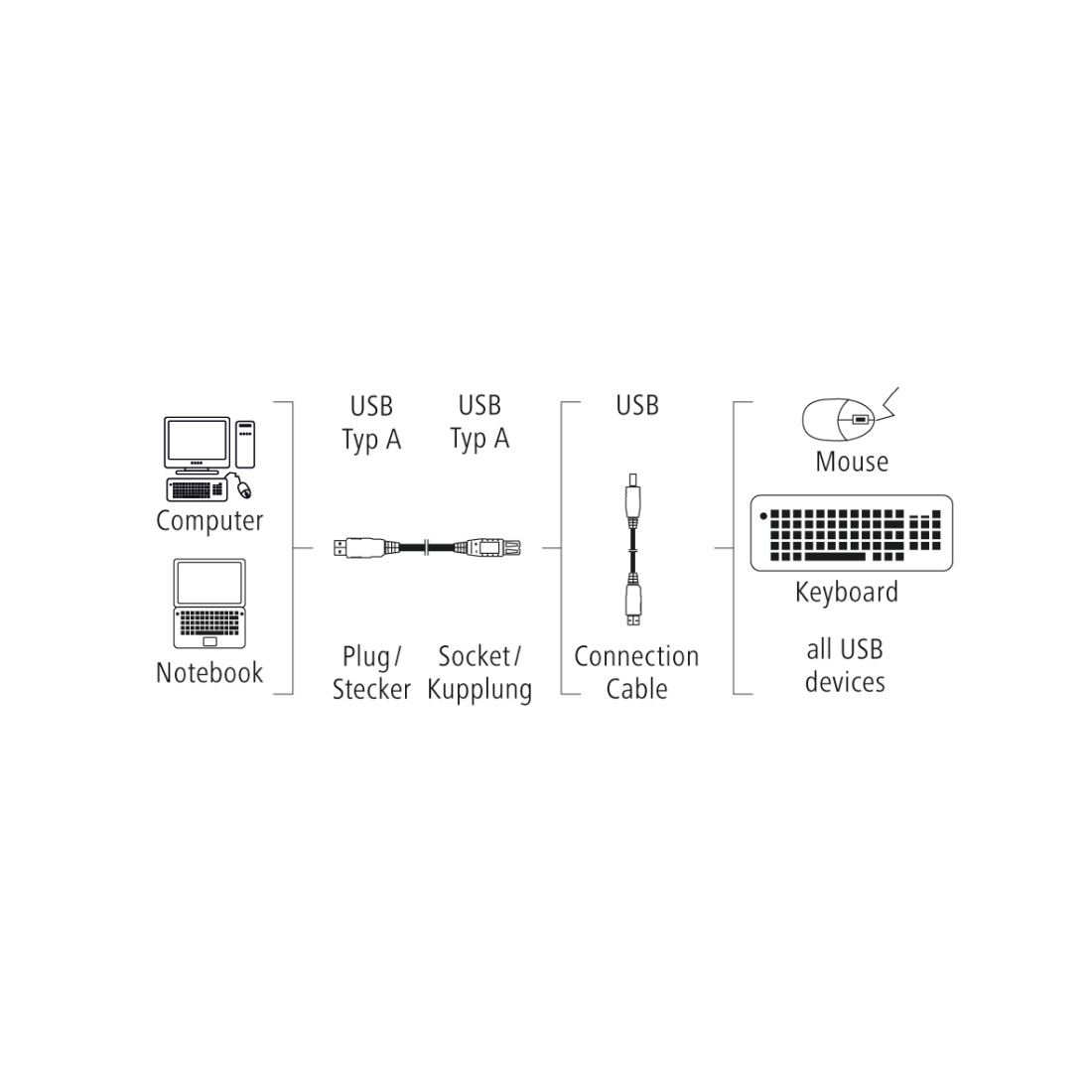 Diagramm von USB-Geräten: Computer, Laptop und Peripheriegeräte (Maus, Tastatur).