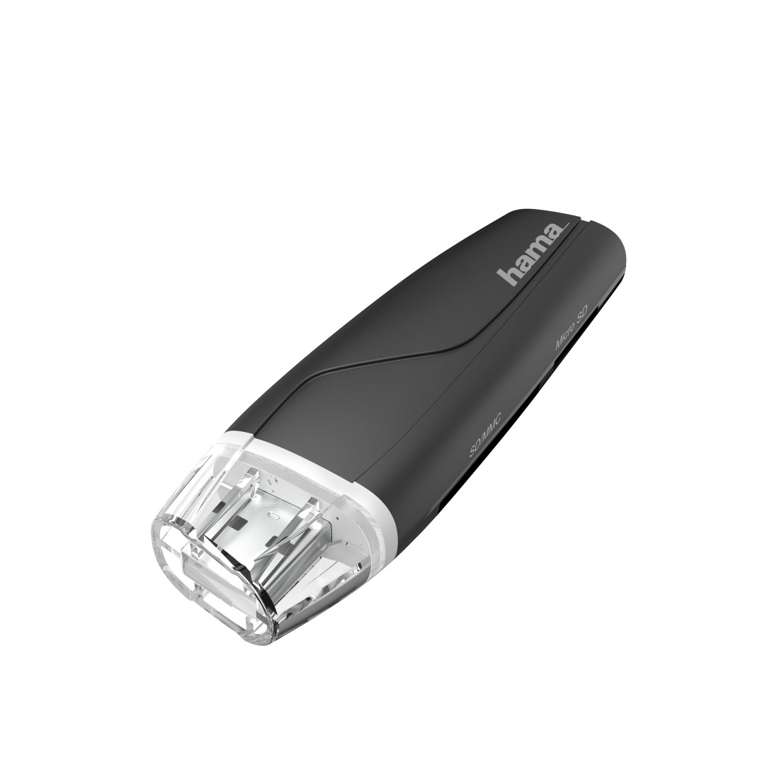 Schwarzer und klarer USB-Kartenleser mit 'hama'-Etikett auf weißem Hintergrund.