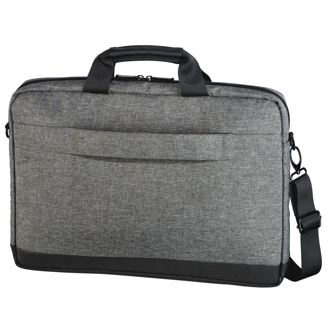 Graue Laptoptasche mit Griff, Schultergurt und mehreren Taschen.