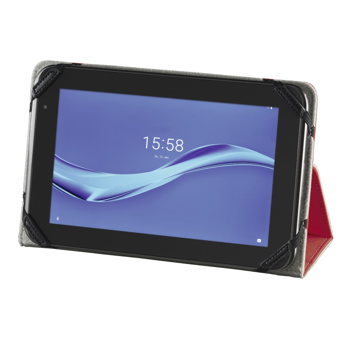 Ein schwarzes Tablet in einem Etui mit roter Rückseite. Die angezeigte Zeit ist 15:58.