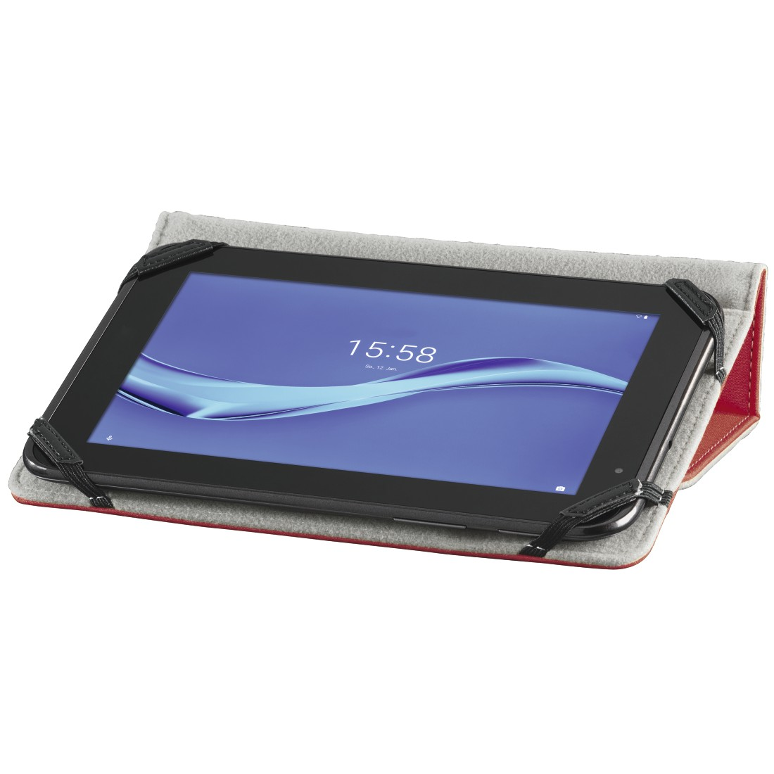 Ein Tablet in einer grau-roten Hülle. Das Tablet liegt auf einem Tisch, die Uhrzeit wird angezeigt.
