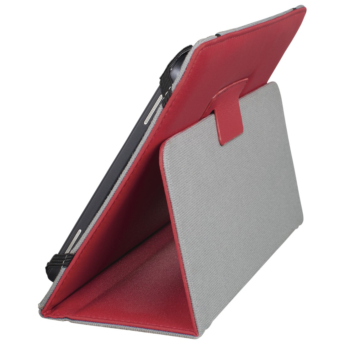 Tablet in einer Hülle. Graue und rote Farben, mit dreieckigem Ständer-Design.