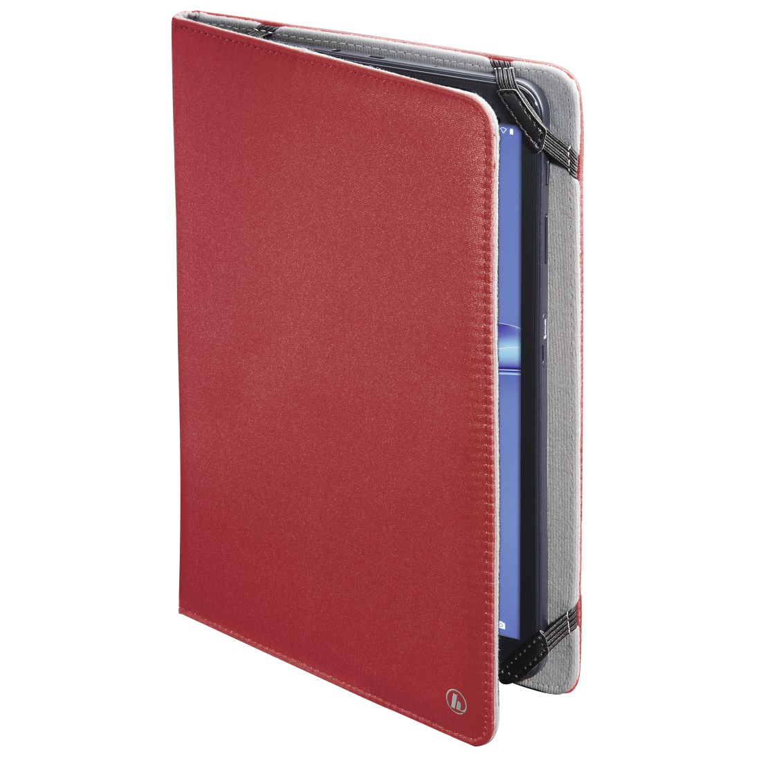 Eine rote Tablethülle, offen, mit einem Tablet darin. Das Tablet wird von schwarzen Gummibändern gehalten.