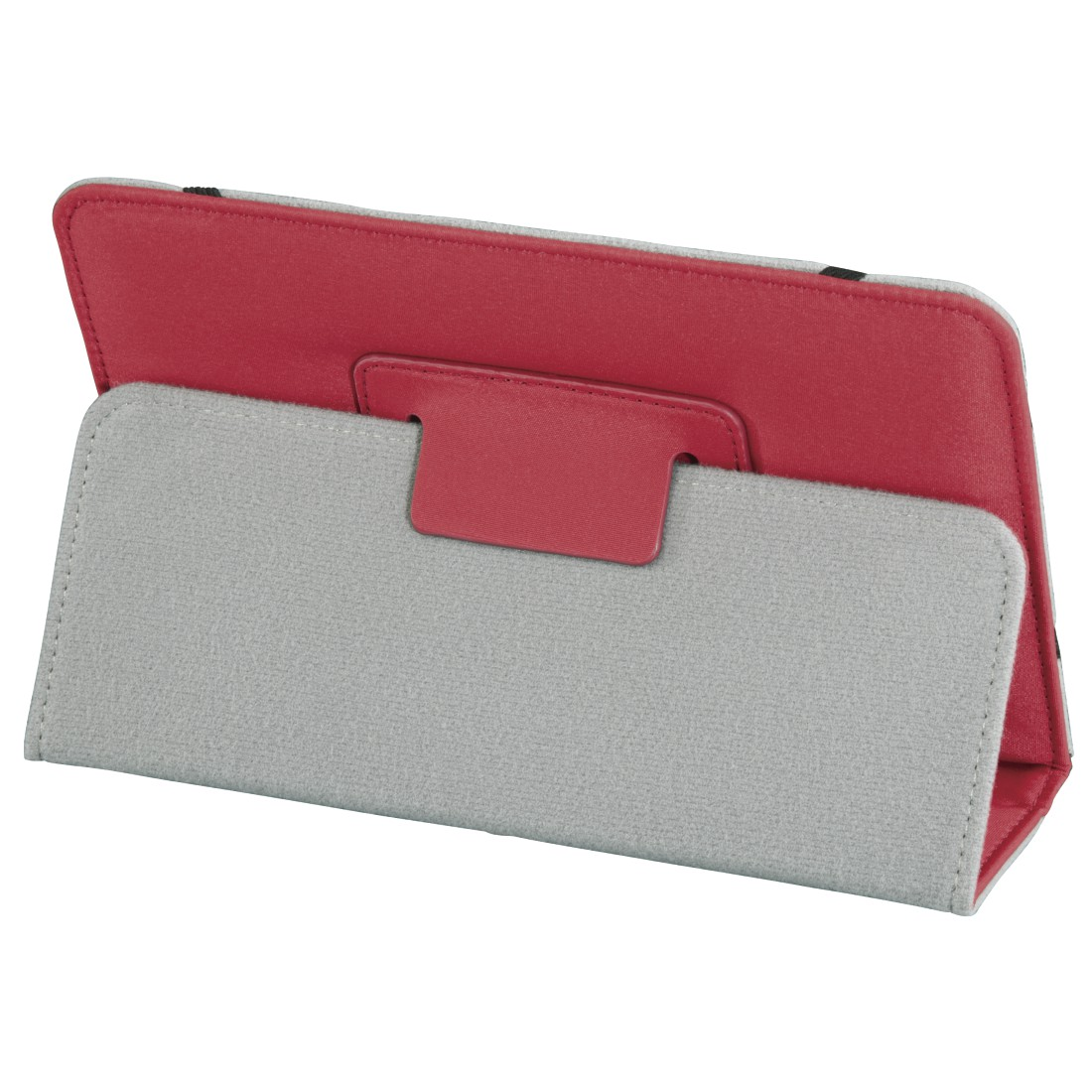 Ein Tablet in einer rot-grauen Hülle. Die Hülle ist aufgeklappt, um aufrecht zu stehen.