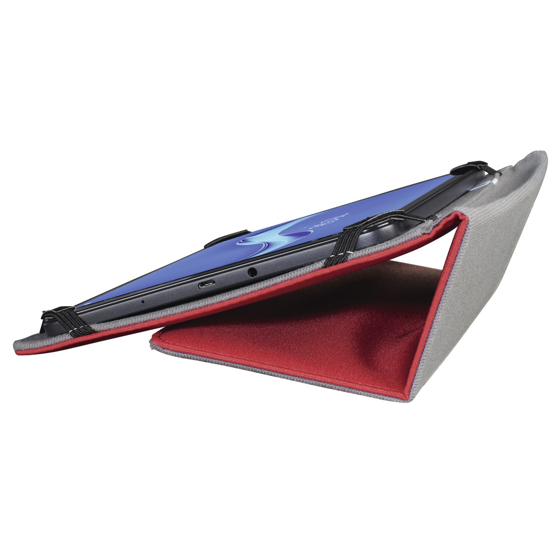 Tablet auf einem grau-roten Ständer. Das Tablet ist schwarz mit sichtbarem Bildschirm. Der Ständer ist abgewinkelt.