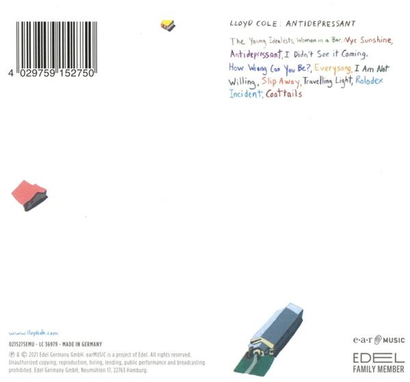 Rückseite einer CD mit Titelliste und kleinen Bildern, einschließlich des Titels 'Antidepressant'.