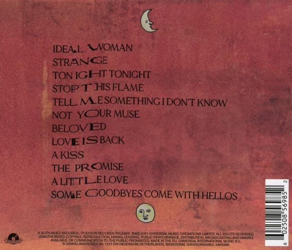 Rückseite einer Musik-CD mit Titeln und Texten auf dunklem roten Hintergrund gedruckt.