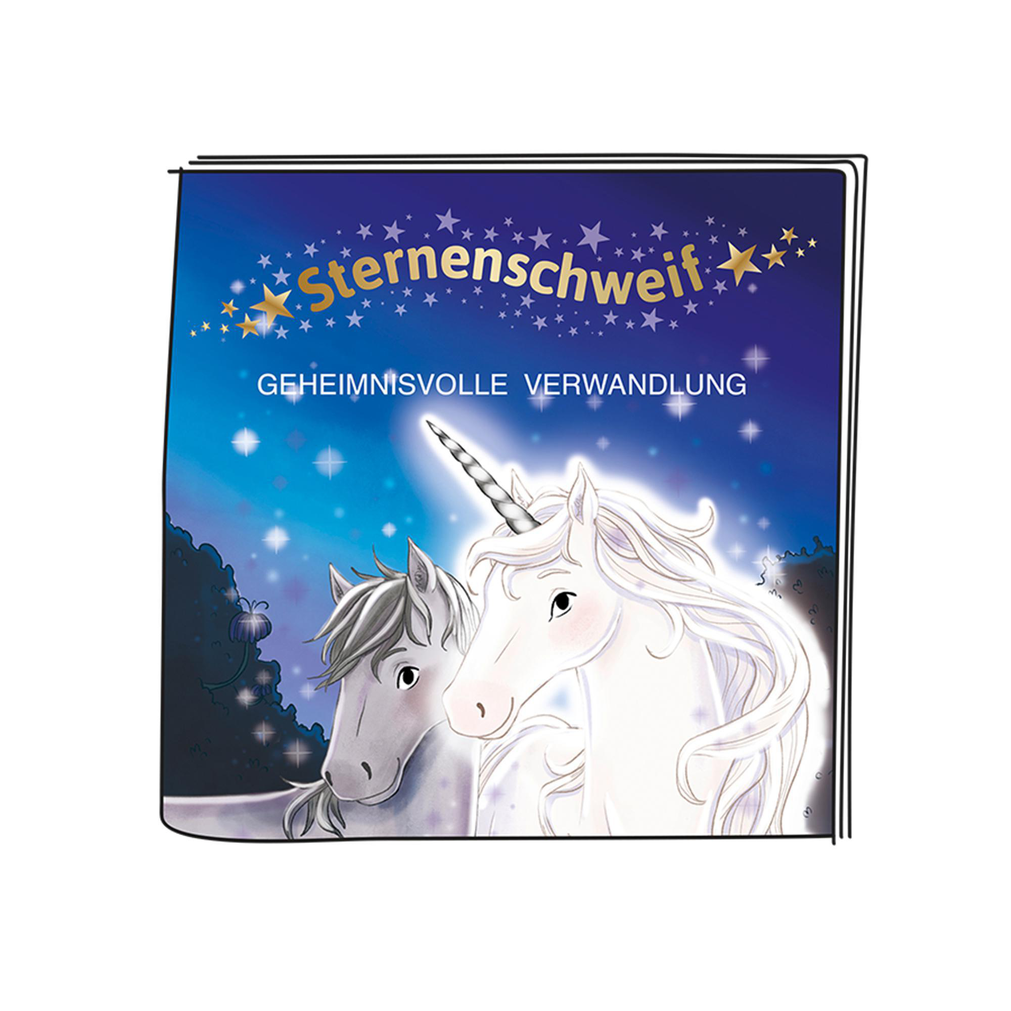 Cover eines Kinderbuchs mit zwei Einhörnern auf blauem Grund, Sternen und Text.